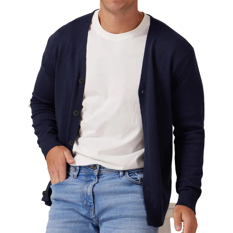 Men's Vintage Long Sleeve Button-Front V-Neck Knitted Cardigan