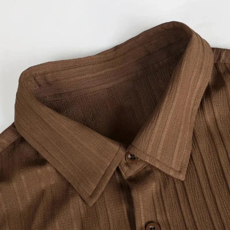 Men's Two-Piece Pleated Short Sleeve Shirt and Drawstring Pants Set