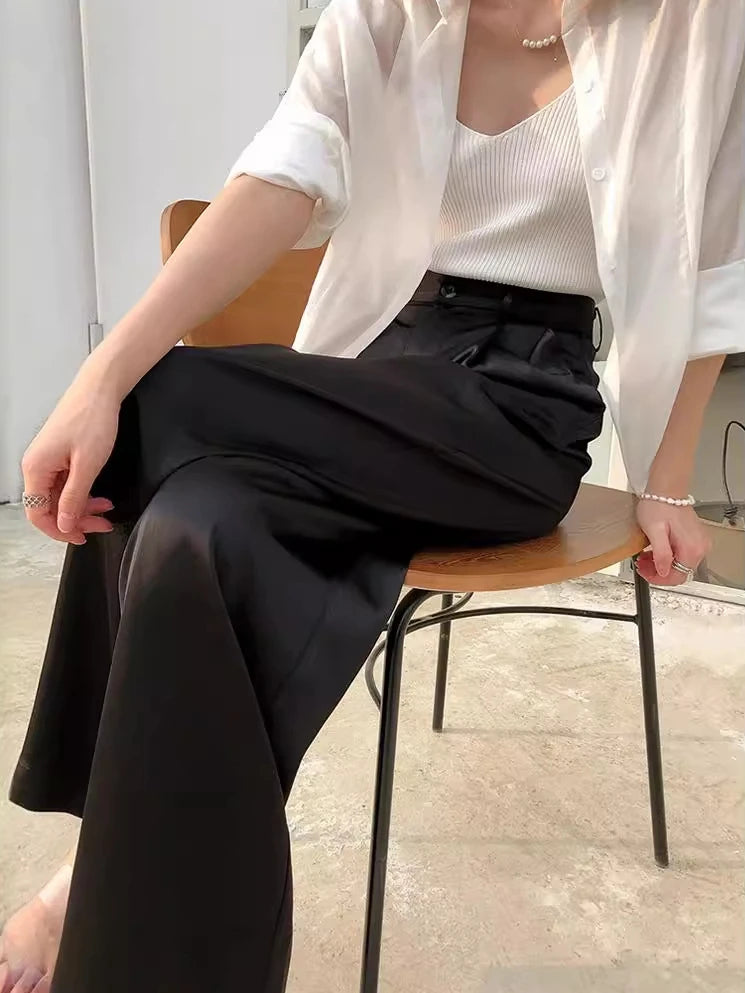 Elegant High-Waist Satin Wide-Leg Pants for Women - Chic Straight-Leg Trousers