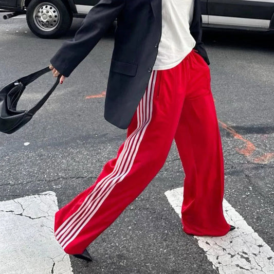 Women's Wide Leg Track Pants - Baggy Side Striped Sweatpants with Elastic Waistband