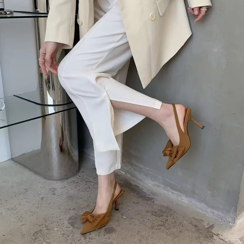 Women's Slingback Heels with Butterfly Knot – Stylish Thin Pointed Toe Design