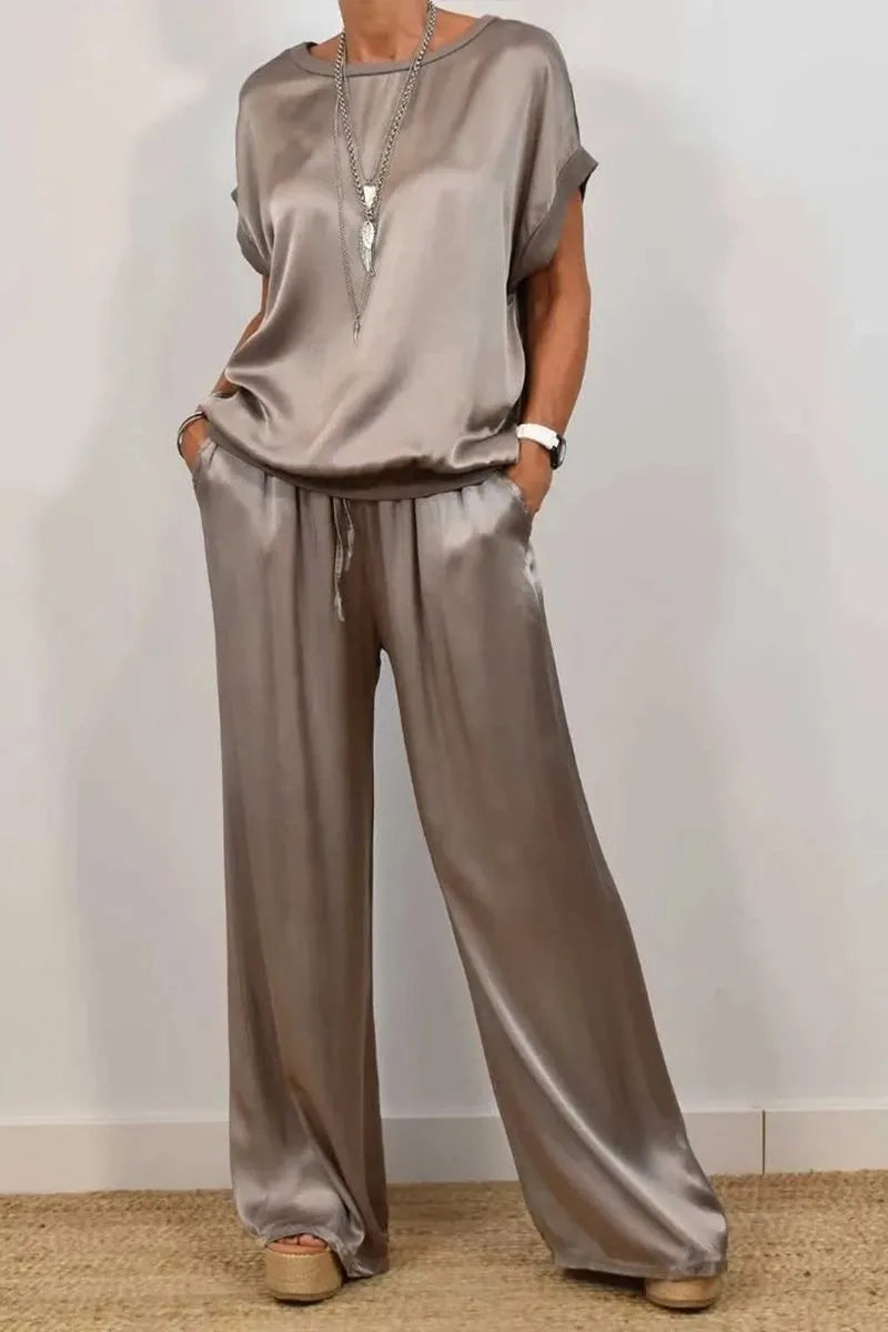 Women's Smooth Satin Two-Piece Set: Short Sleeve Top & Wide Leg Pants
