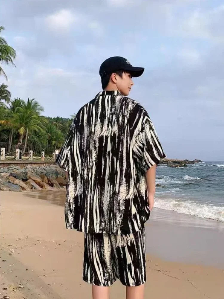 Men's Two-Piece Loose Fit Striped Shirt and Shorts Set