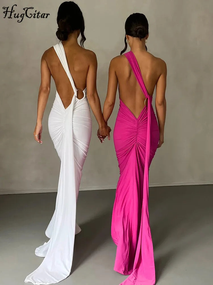 Hugcitar Adjustable Backless Ruched Dress with Single Shoulder and Scarf Loop for Women