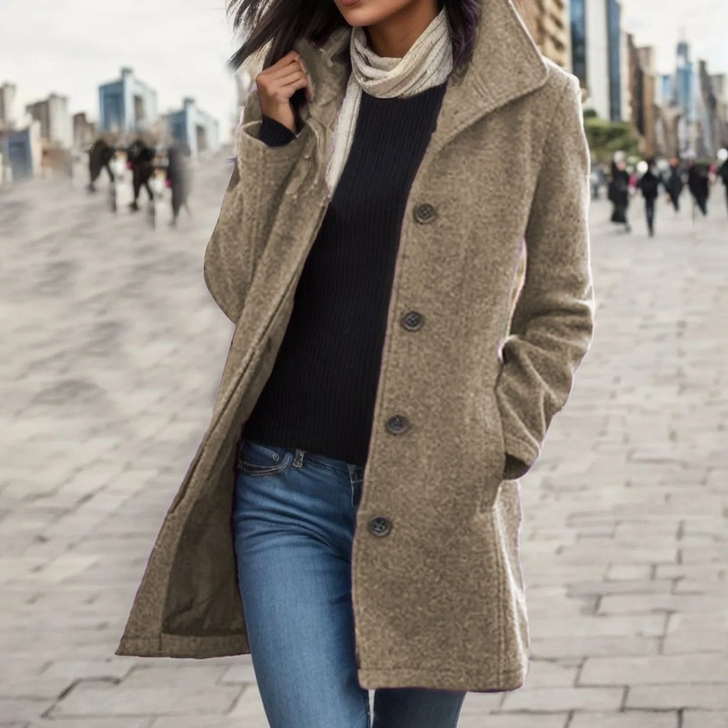 Womens Woollen Lapel Mid Length Coat