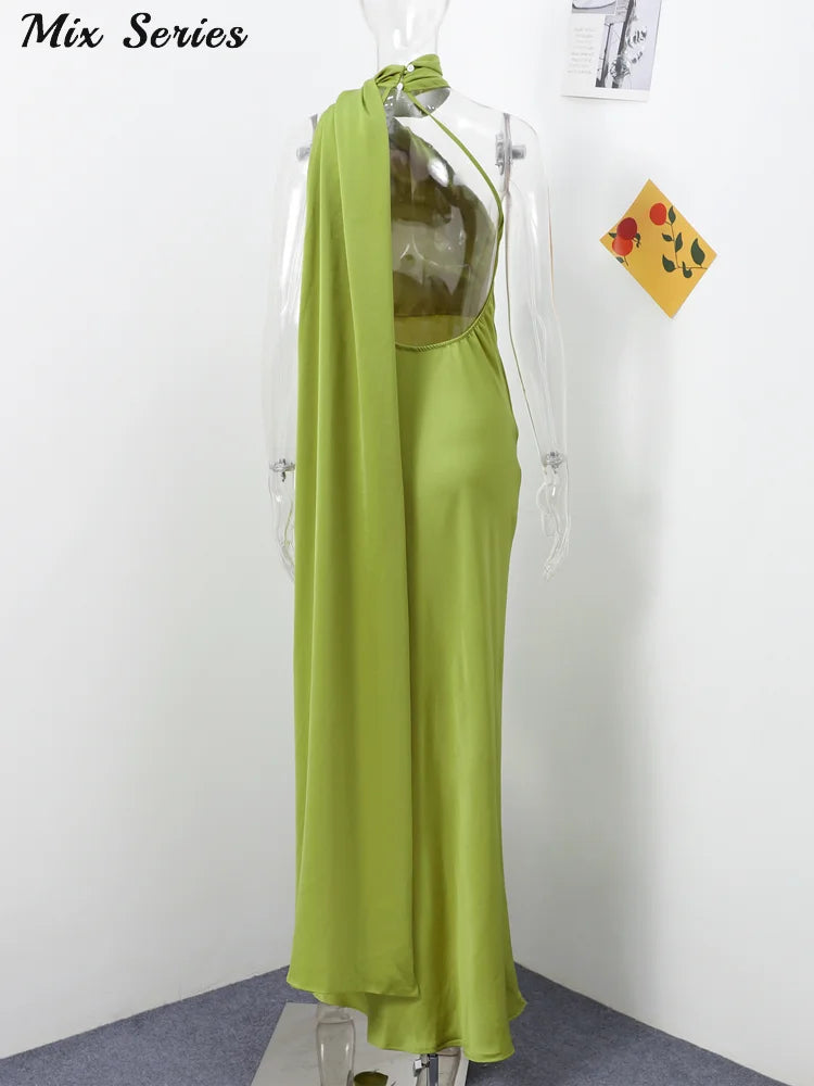 Elegant Backless Long Satin Halter Neck Dress for Women
