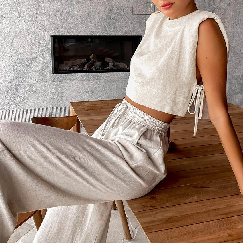 Women's Linen Crop Top and Pant Set