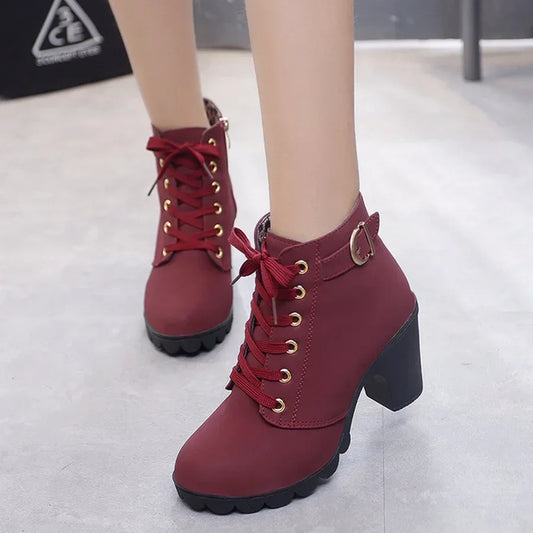Strappy Short High Heeled Lace Up Boots for Women