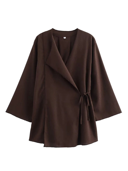 Linen Women's 2-Piece Set: Kimono Style Loose Lace-Up Shirt and Wide Leg Pants