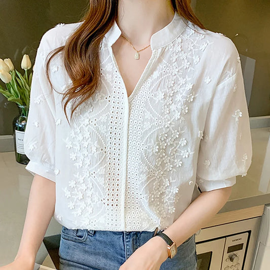 Embroidered White Lace Blouse for Women