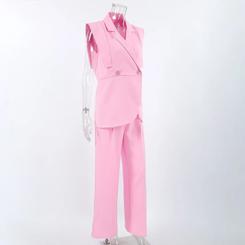 Women's Two-Piece Waistcoat and Wide-Leg Pants Set - Sleeveless Lapel Blazer Vest with Two Buttons