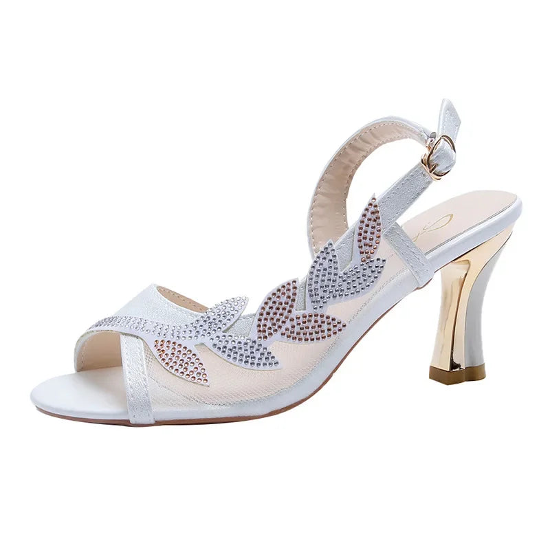Women's Rhinestone Mesh High Heel Sandals with Buckle Strap & Slingback