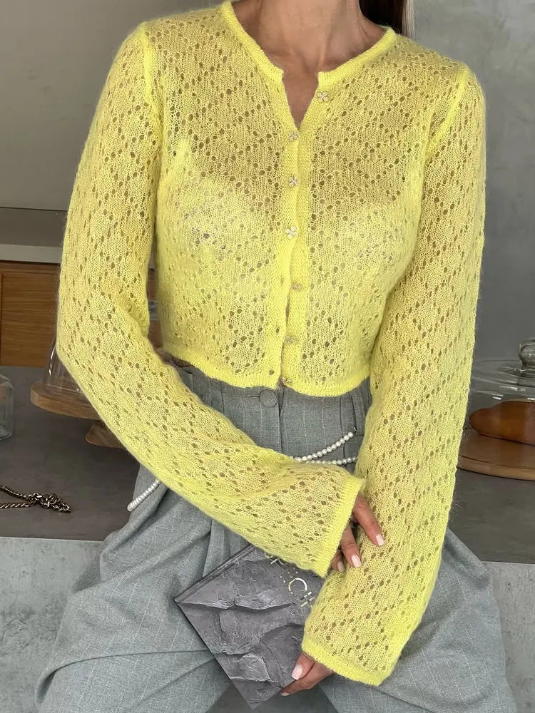 Women's Hollow Out Knit Cardigan - Long Sleeve Casual Cropped See-Through Knitwear