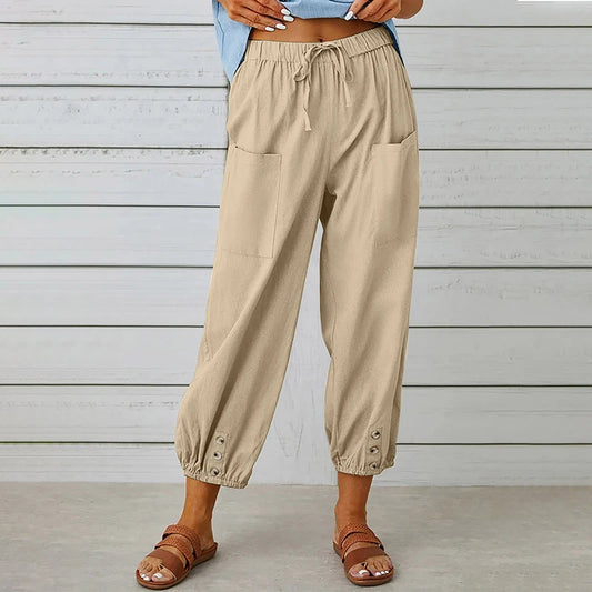 Women's Cotton Linen Loose Straight Leg Pants with Elastic Waist