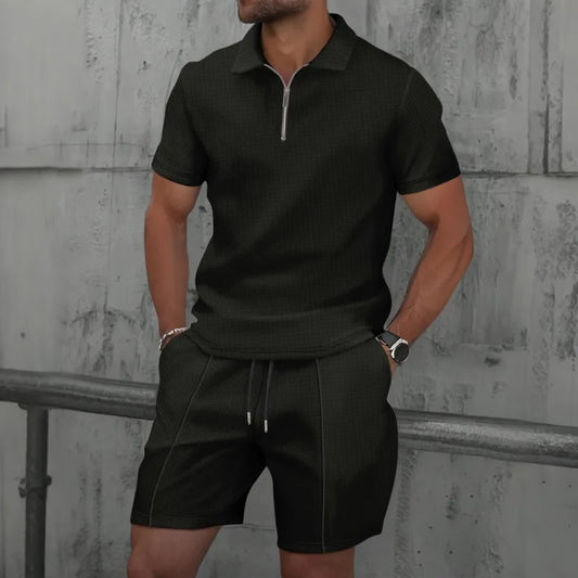Men's Two-Piece Zip-Up Lapel T-Shirt and Shorts Set - Casual Summer Activewear