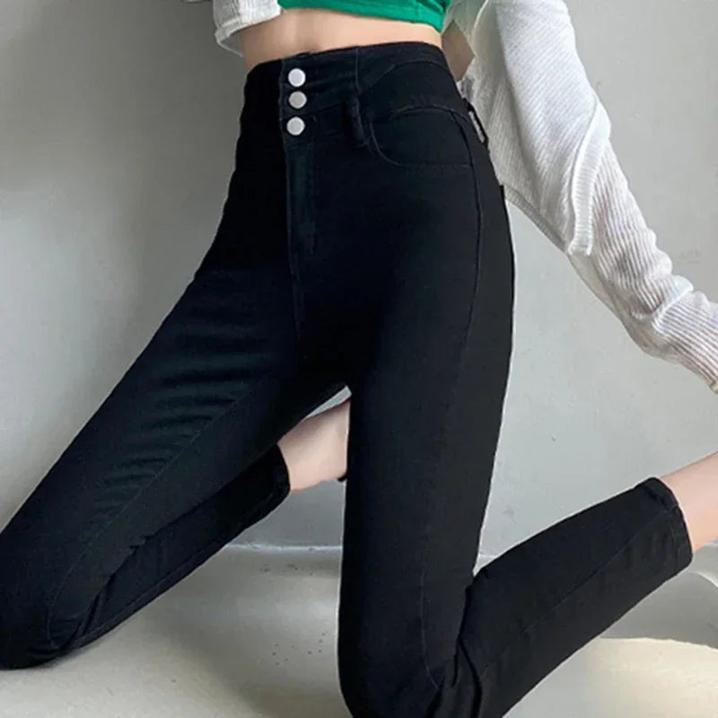 Women's High-Waisted Stretch Denim Pants with Multi-Button Closure