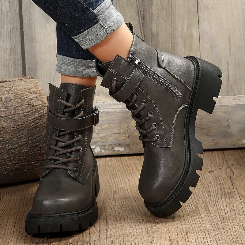 Women’s Chunky Heel Belt Buckle Boots with Lace-Up Design