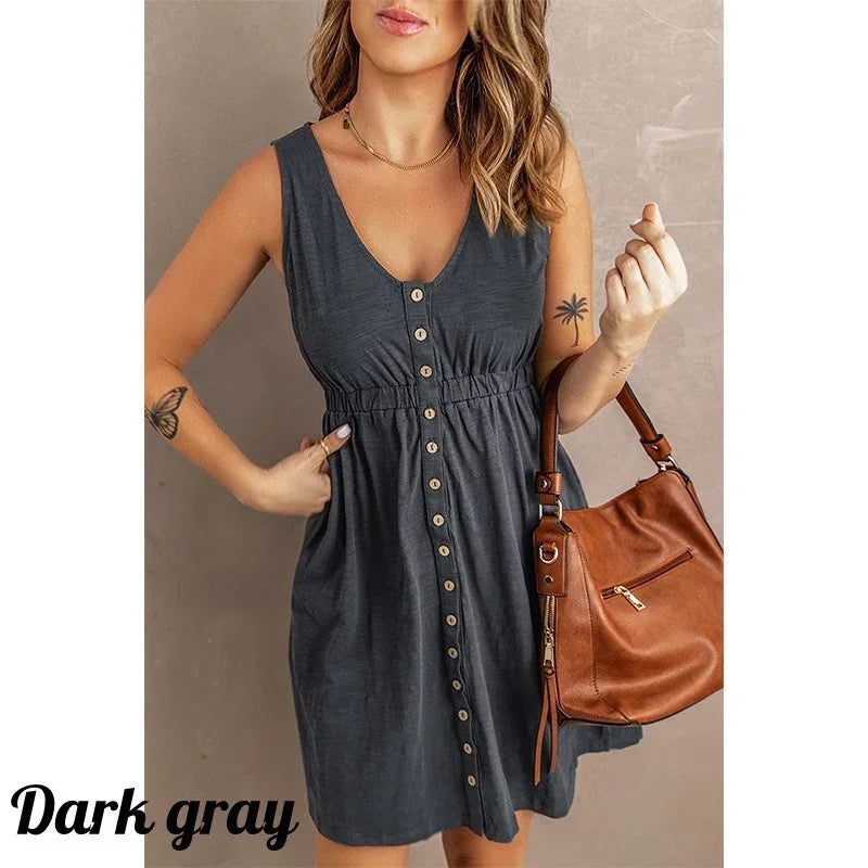 Women’s Sleeveless Button-Down Dress with Elastic Waist – Swing Style, Loose Fit