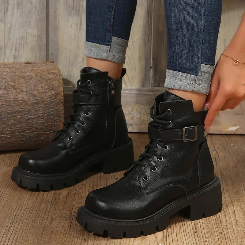 Women’s Chunky Heel Belt Buckle Boots with Lace-Up Design