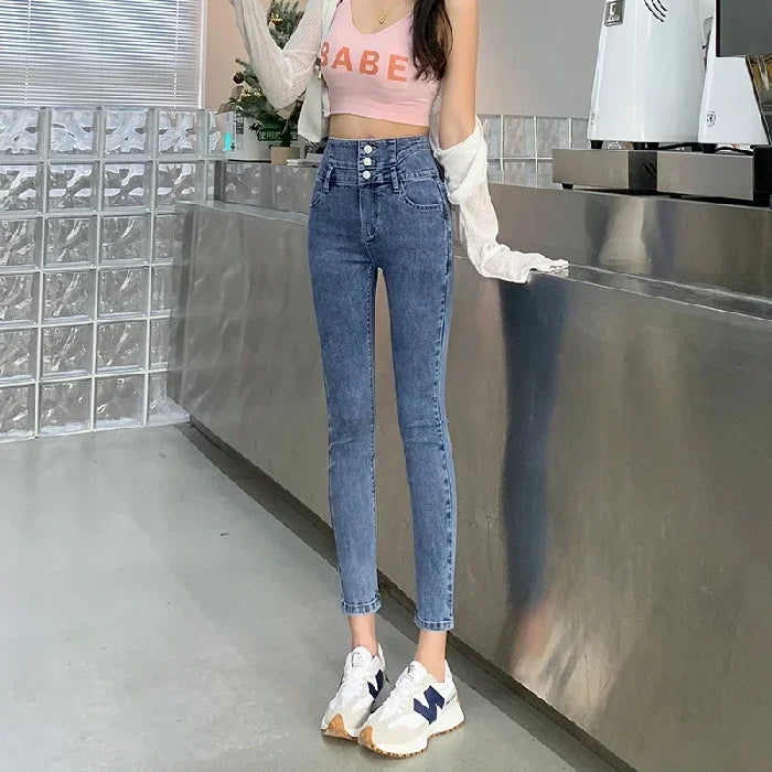 Women's High-Waisted Stretch Denim Pants with Multi-Button Closure