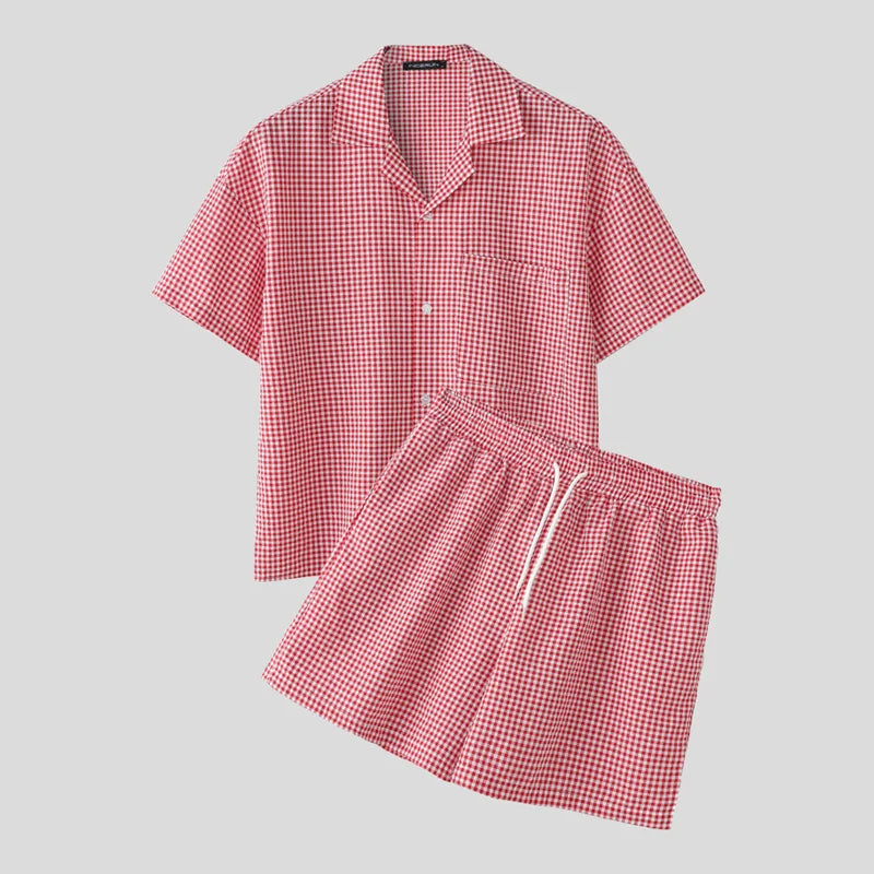 INCERUN Men's Plaid Two-Piece Shirt and Shorts Set – Casual Loose Fit