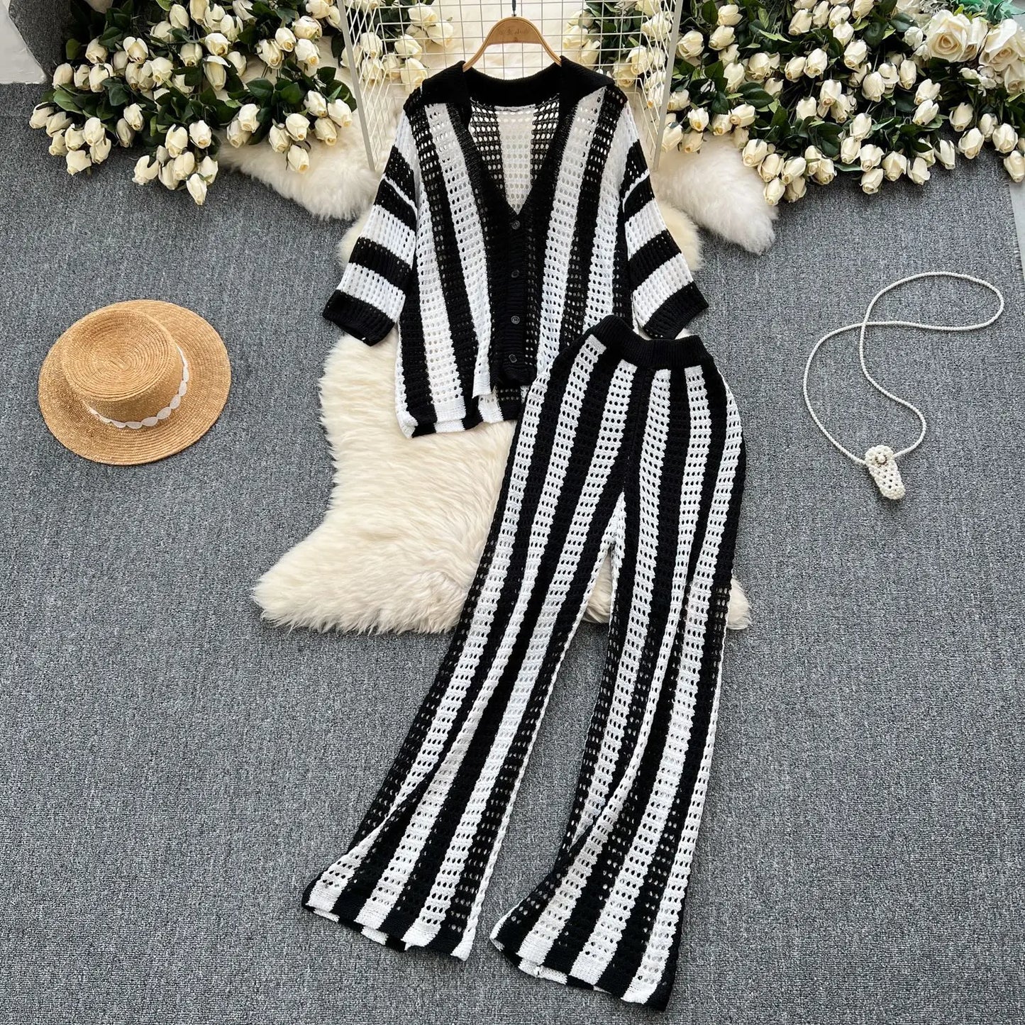 Wishyear Women's Two-Piece Striped Knit V-Neck Hollow Out Button Top & Wide Leg Pants Set