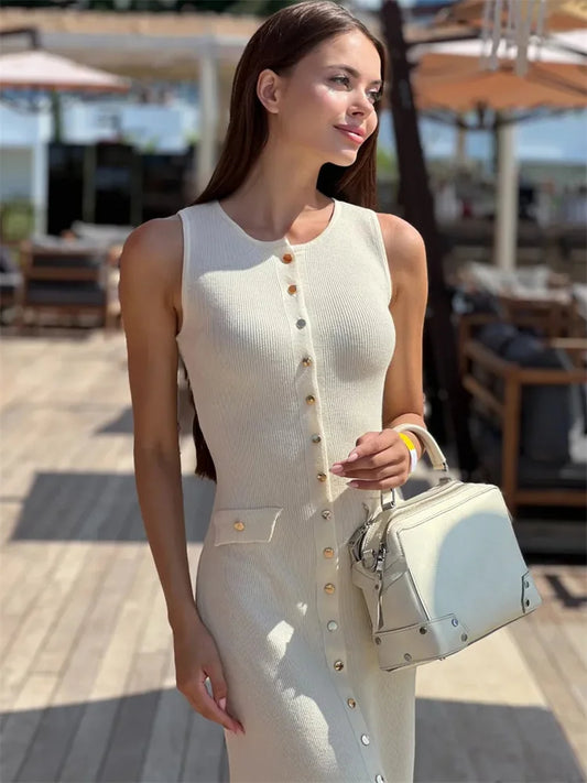 Women's Knit Ribbed Maxi Dress with High Waist, Slim Fit, and Pockets
