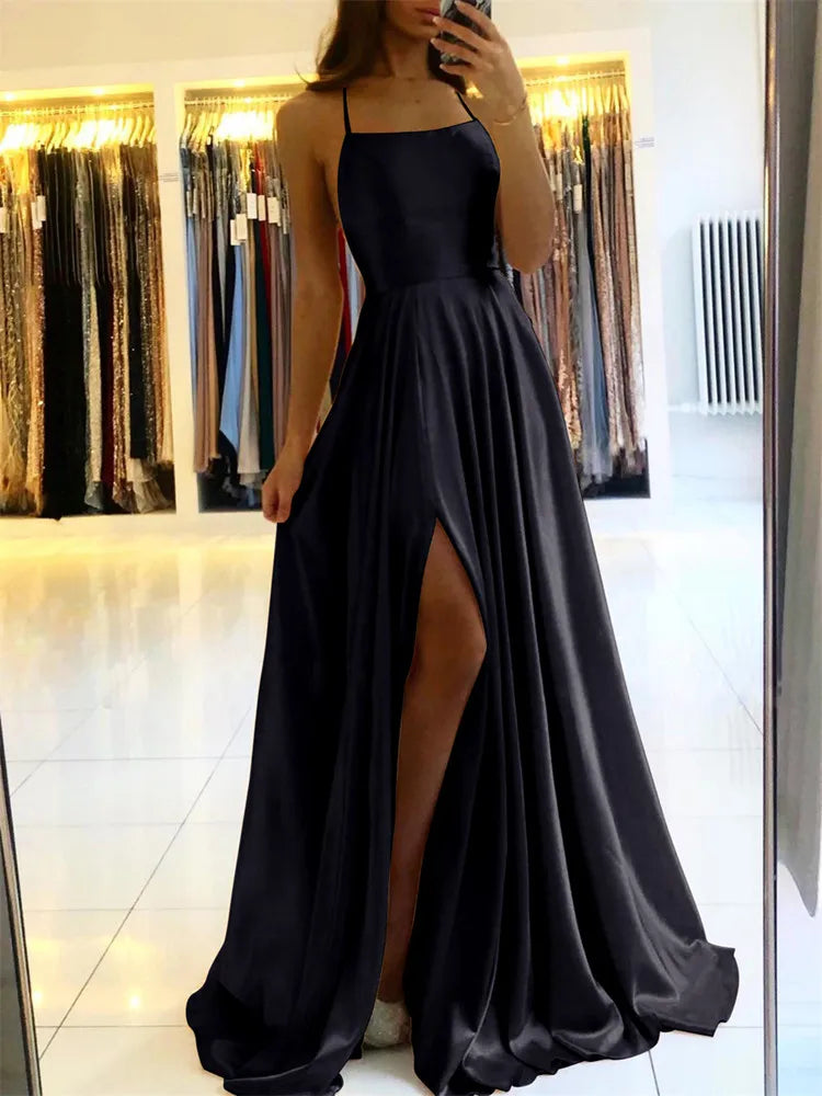 Adjustable Strap Satin Maxi Dress for Women with Side Slit - Various Colors