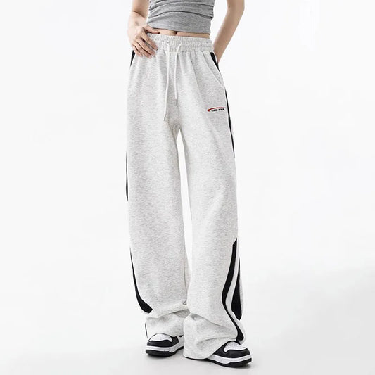 Women's Elastic Waist Side Stripe Sweatpants - Loose Fit, Straight Wide Leg Joggers