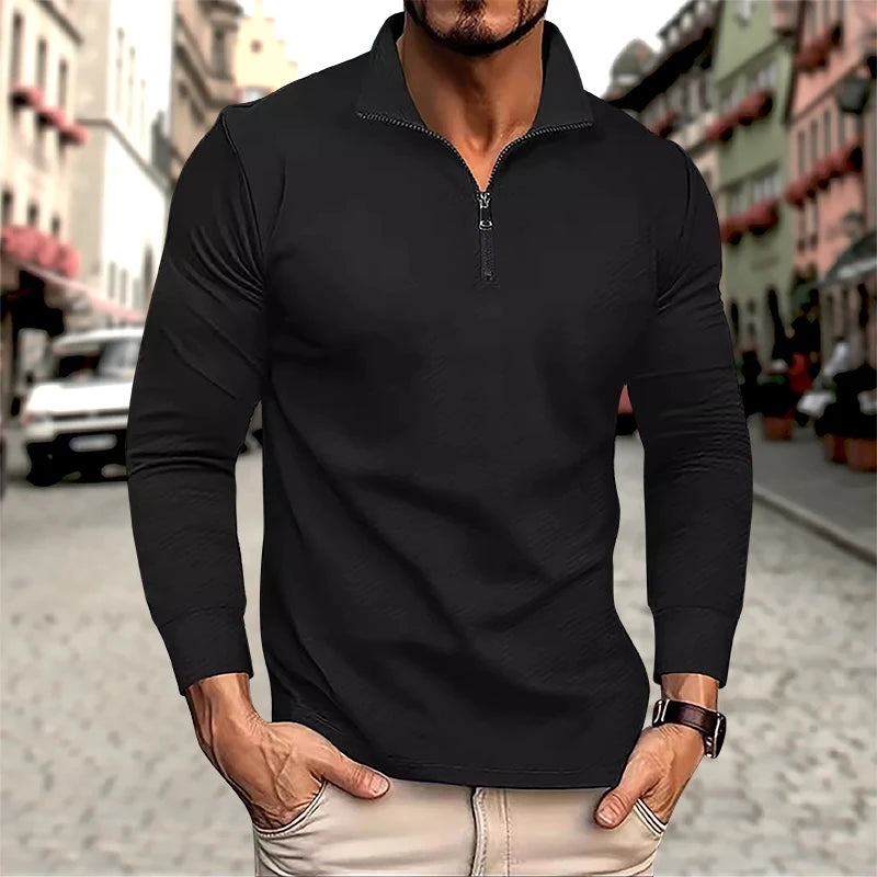 Men's Long Sleeve Zipper Polo Sweater for Casual Wear