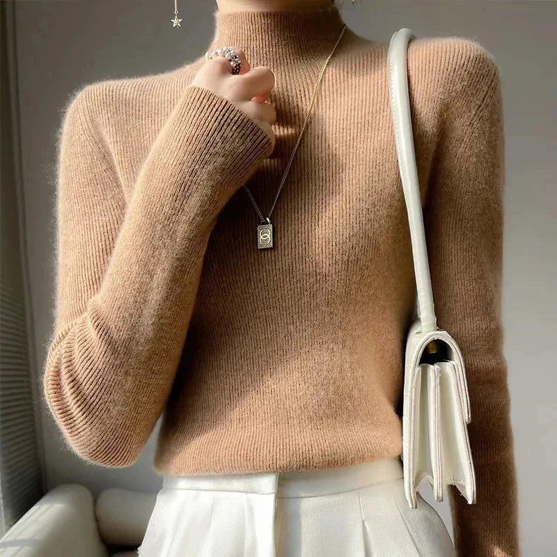 Ribbed Neck Sweater for Women - Fitted Knitted Pullovers