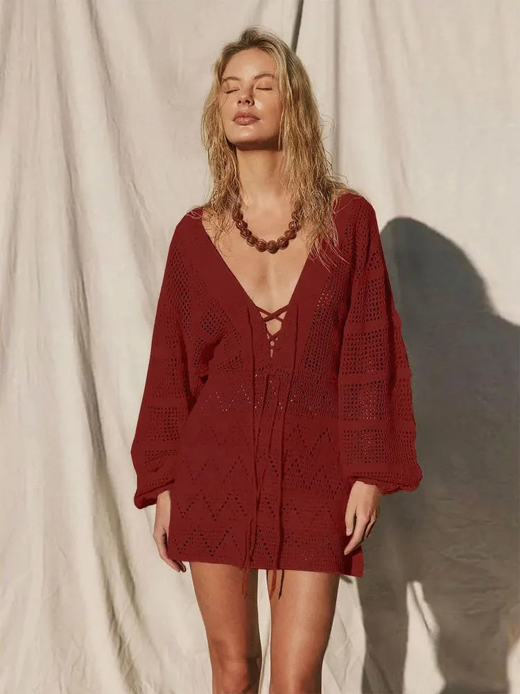 Women's Knit Mini Dress with Hollow-Out Lantern Sleeves