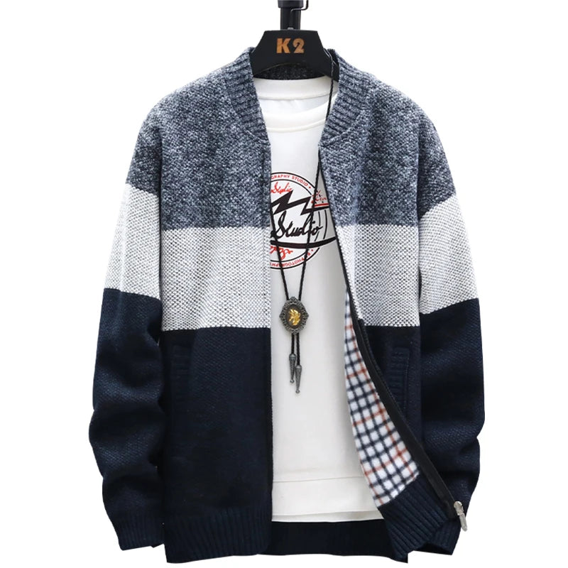 Men's Casual Striped Fleece Zip-Up Cardigan