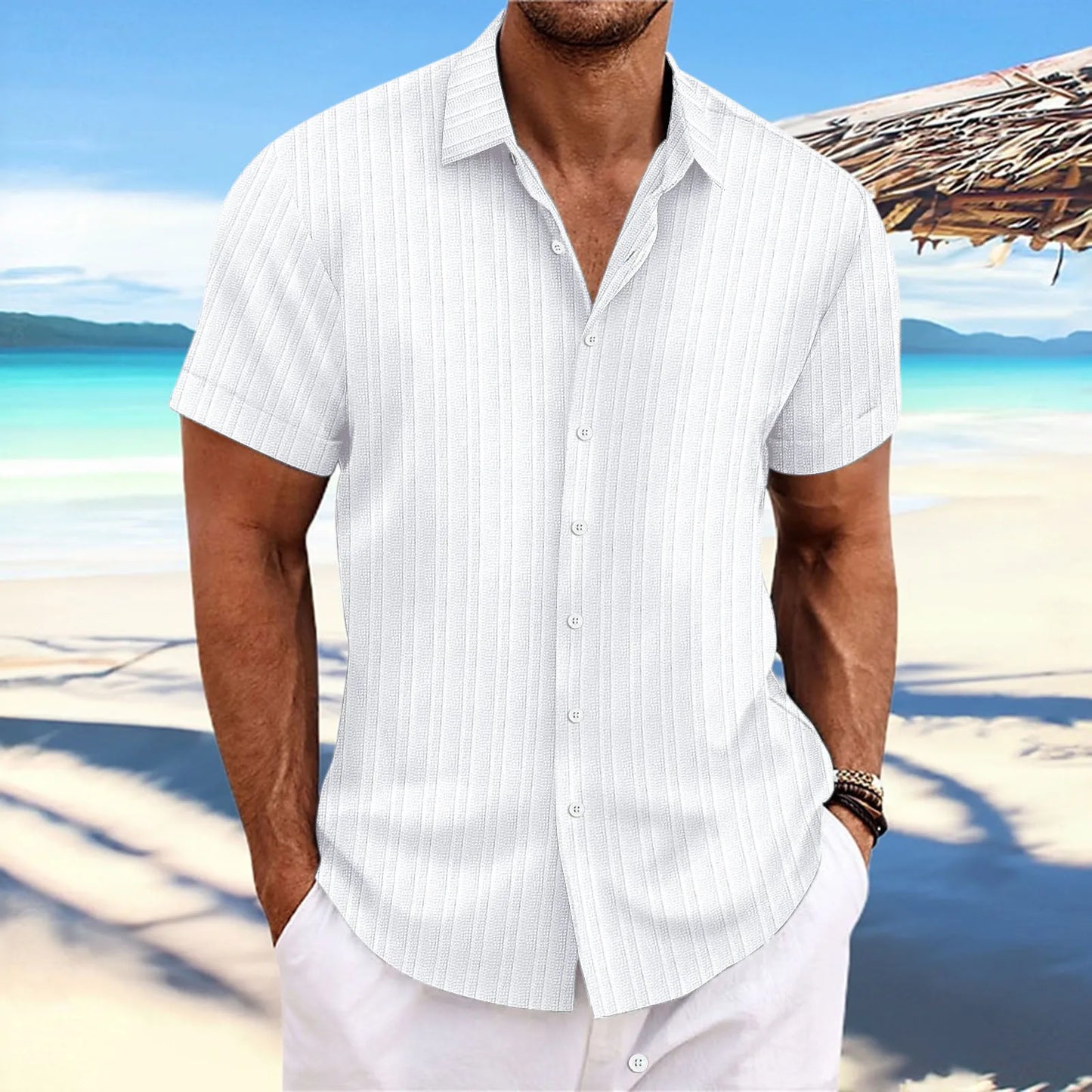 Men's Short-Sleeved Button-Up Shirt with Jacquard Wave Stripe Design