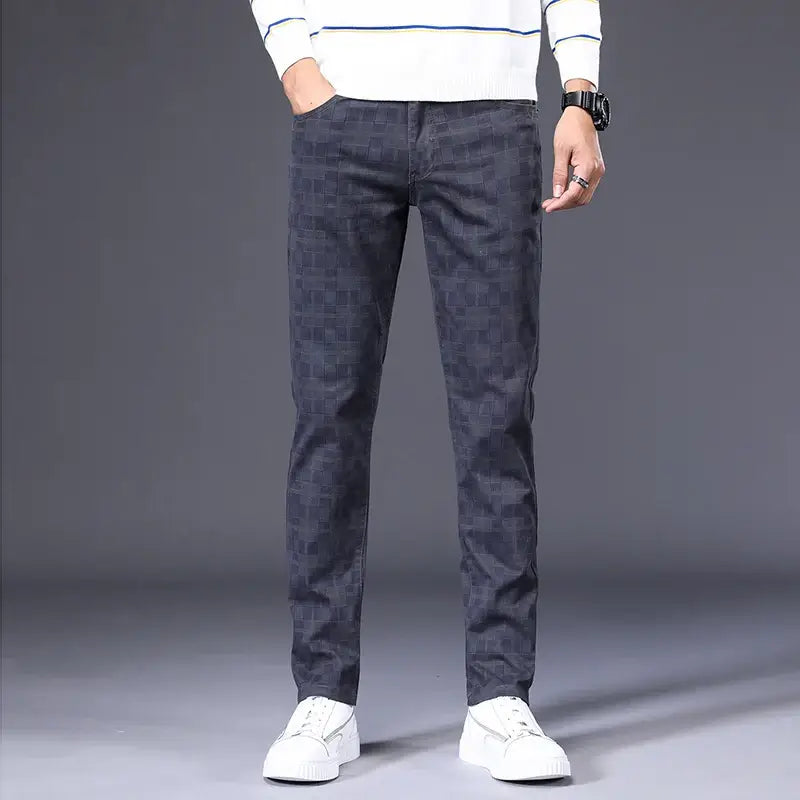 Men's Slim Fit Classic Pants - Stretch Cotton Checkered Trousers