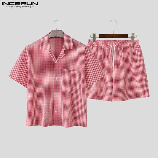 INCERUN Men's Plaid Two-Piece Shirt and Shorts Set – Casual Loose Fit