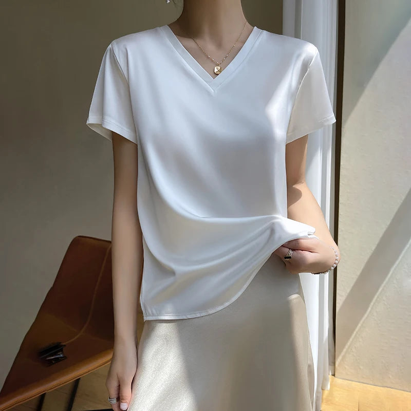 Elegant Women's Satin Silk V-Neck Short Sleeve Blouse