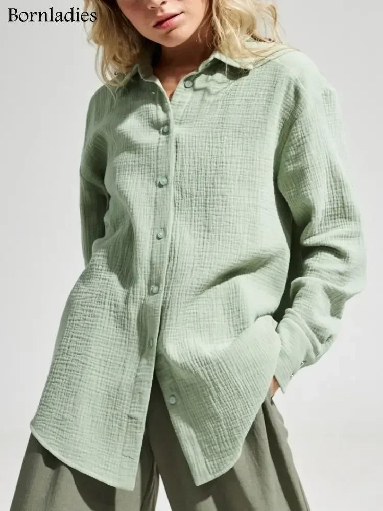 Women's Loose-Fit Long Sleeve Cotton Shirt - Various Colors