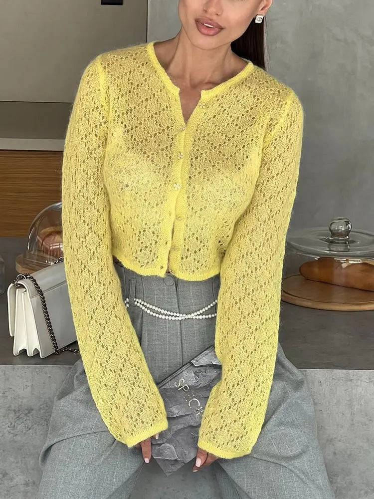 Women's Hollow Out Knit Cardigan - Long Sleeve Casual Cropped See-Through Knitwear