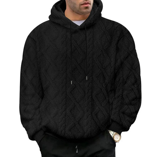 Men's Double-Sided Fleece Hooded Sweatshirt with Jacquard Rhombic Pattern
