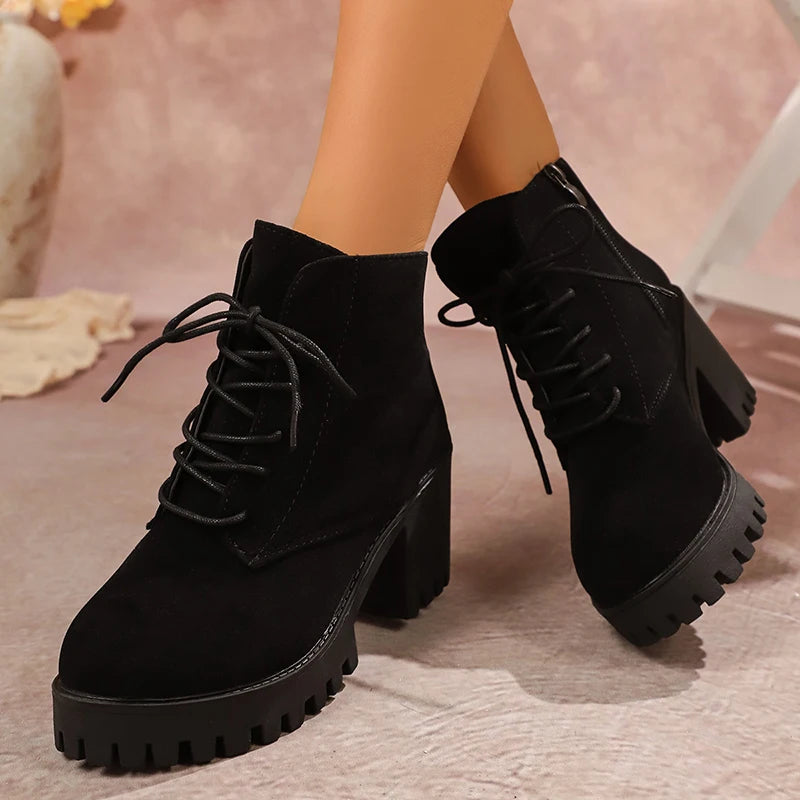 Women's Chunky Heel Ankle Boots with Platform Sole – Side Zip & Lace-Up Design
