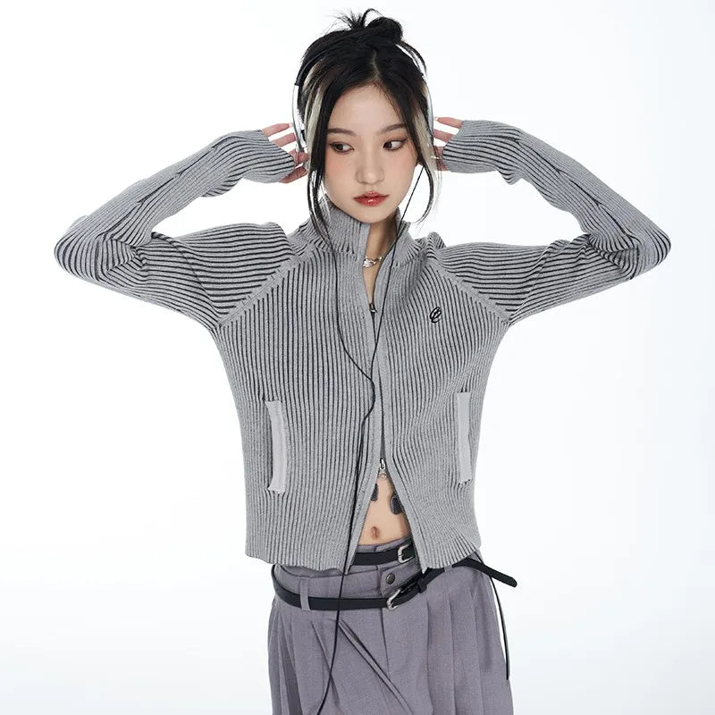 Women's Zipper Cardigan with Embroidery - Slim Fit Knitted Sweater Jacket for Women
