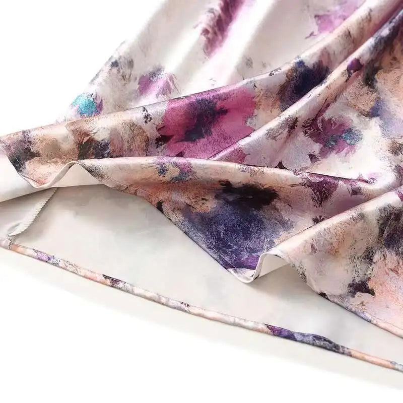 Women's High-Waisted Floral Print Satin-Like Long Skirt