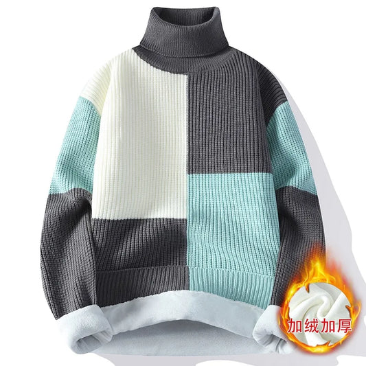 Men's Warm Fleece Turtleneck Sweater - Knitted, Loose Fit, Cozy Winter Pullover