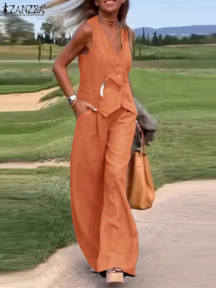 Womens Two Piece Sleeveless Vest Shirt and Trousers - Matching Set