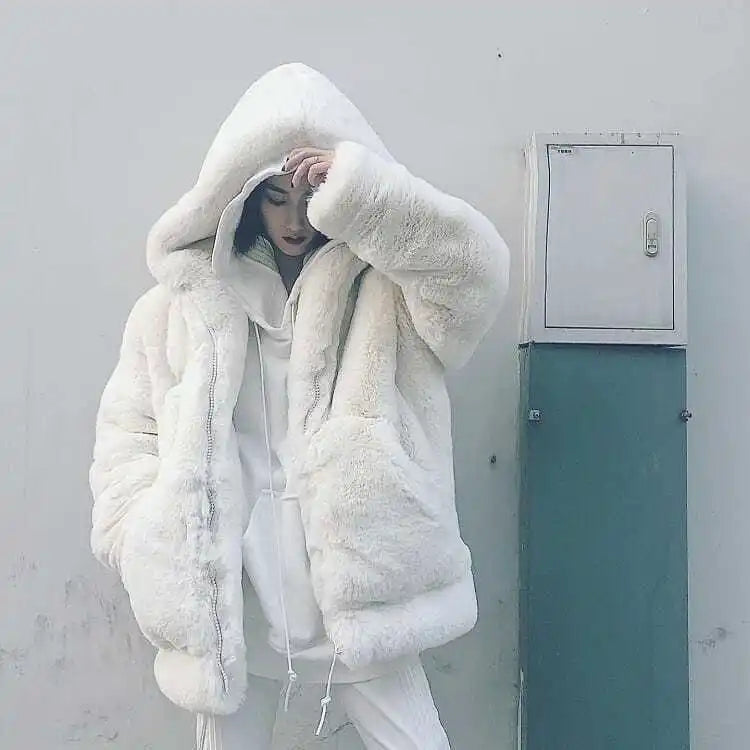 Women's Loose Plush Faux Fur Hooded Jacket