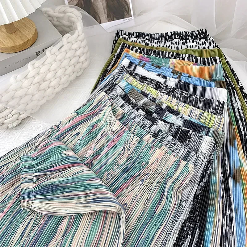 REALEFT Vintage High-Waist Printed Long Pants - Loose Wide Leg Fit- Loose Wide Leg Fit