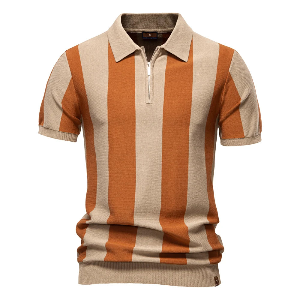 Men's Breathable Striped Polo Shirt - Casual Knit T-Shirt with Zipper Closure