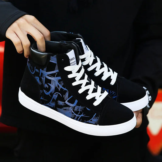 Men's Lace-Up High-Top Canvas Sneakers with Vulcanized Sole