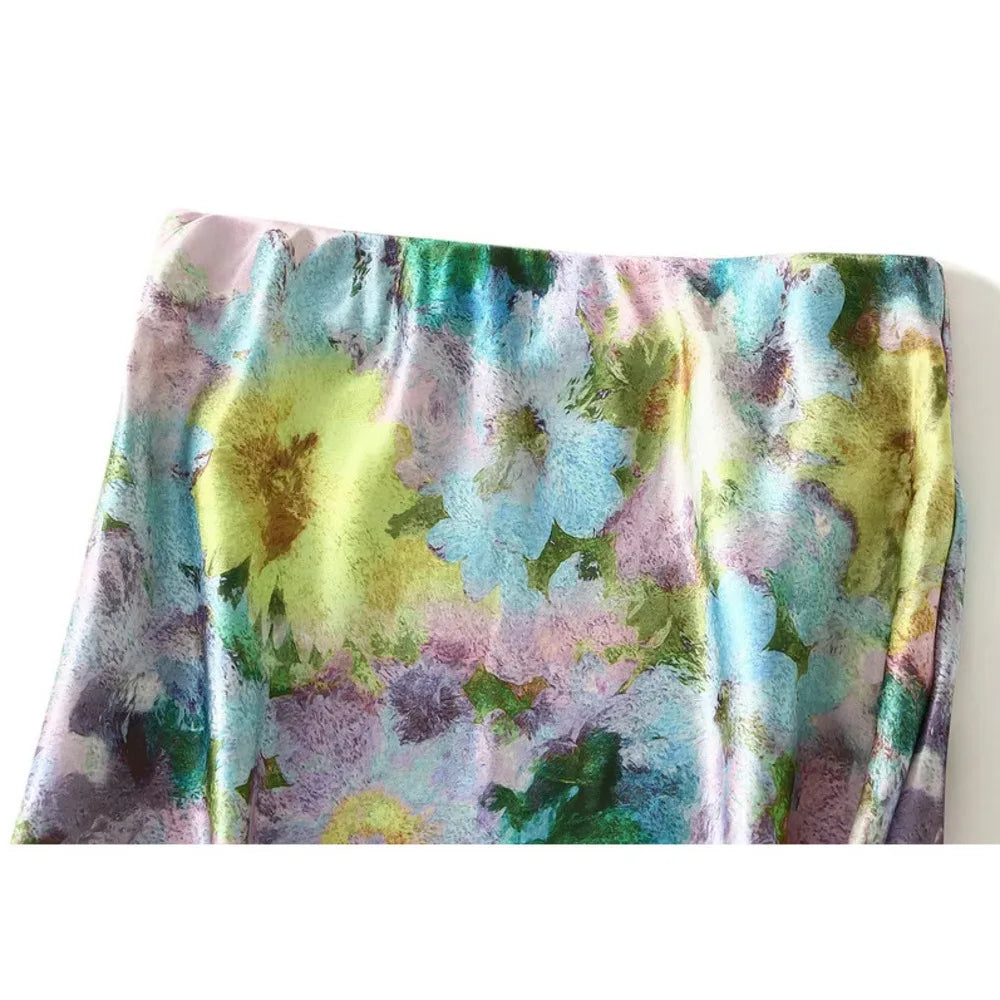 Women's High-Waisted Floral Print Satin-Like Long Skirt
